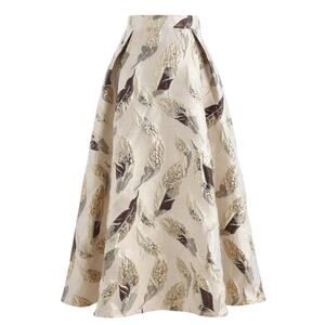 Chicwish Champagne Tan Metallic Gold Feather Print High Waist A-line Midi Skirt